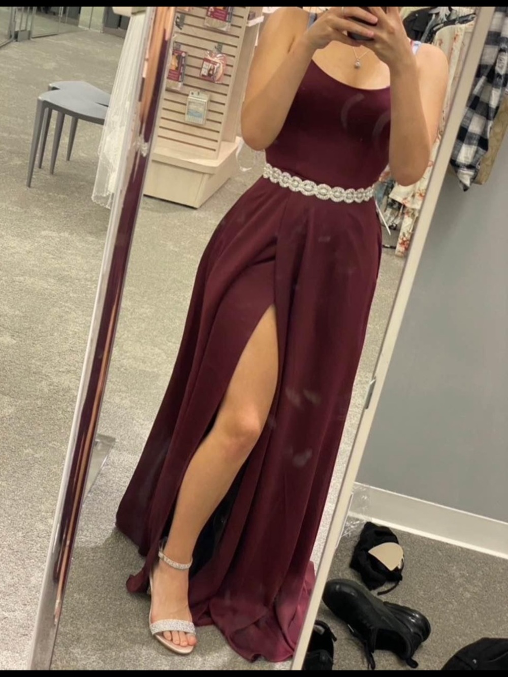 David's Bridal Burgundy Formal Gown with Diamond Belt